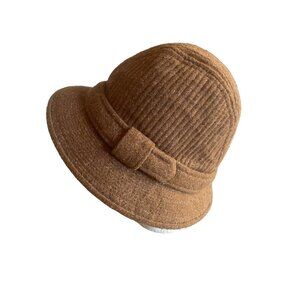 Vintage Wool Brown‎ Cloche Hat With Bow Accent & Quilted Lining Size 7 1/8